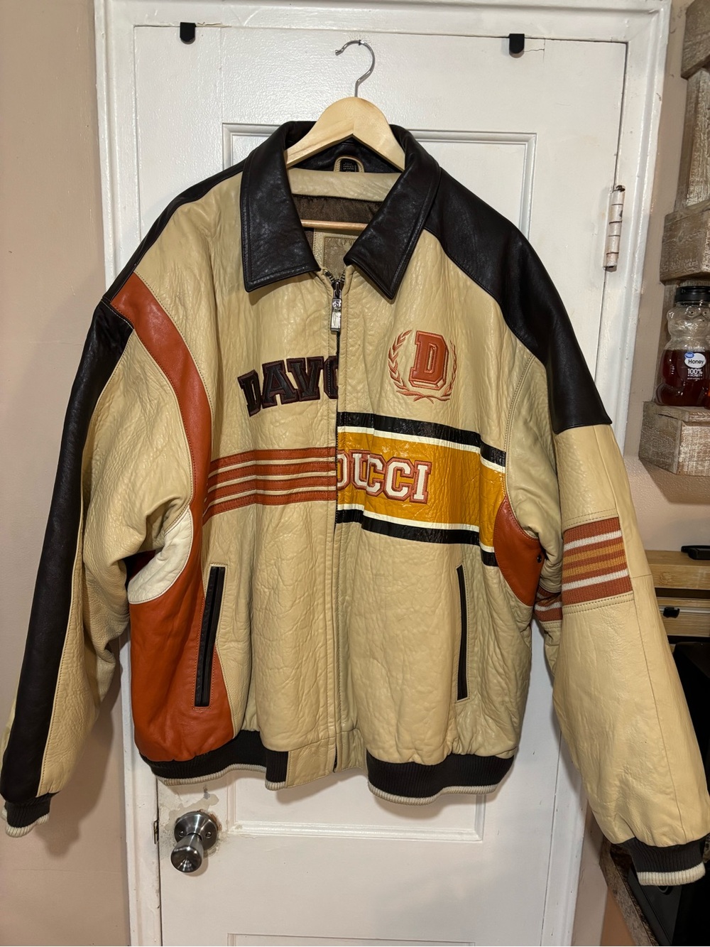 DAVUCCI Beige, Brown & Orange Leather Varsity Bomber Jacket men’s.